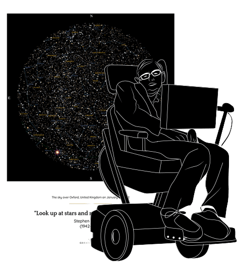 A commemorative drawing of Stephen Hawking, with his star map